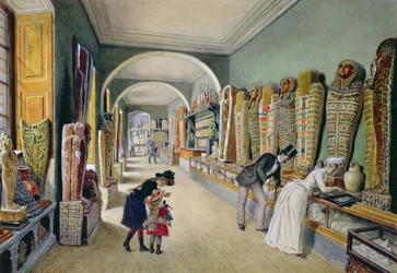 Der Korridor und das letzte Kabinett der ägyptischen Sammlung in der Ambraser Sammlung des Unteren Belvedere, 1875